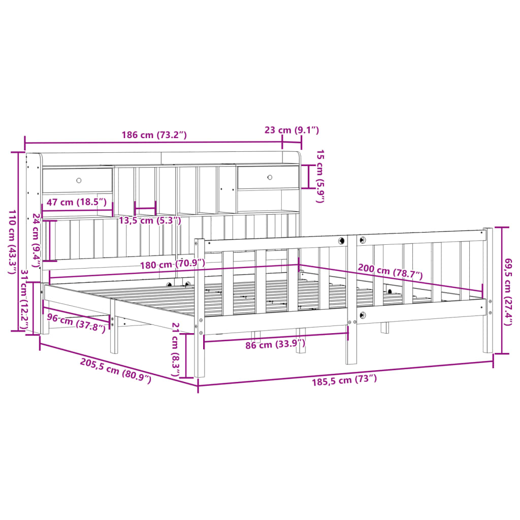 vidaXL Cama con estantería sin colchón madera maciza de pino 180x200cm