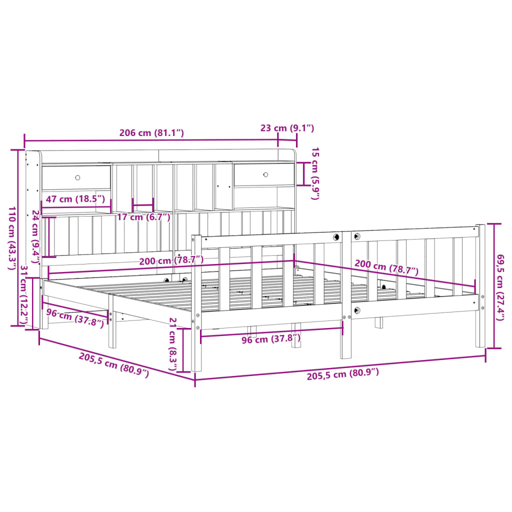 vidaXL Cama con estantería sin colchón madera maciza de pino 200x200cm