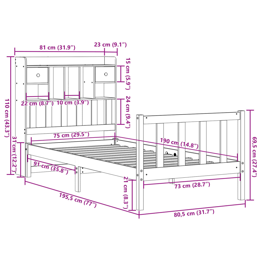 vidaXL Cama con estantería sin colchón madera maciza marrón 75x190 cm