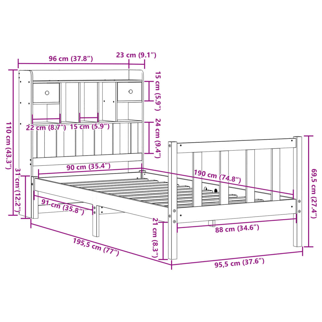 vidaXL Cama con estantería sin colchón madera maciza marrón 90x190 cm