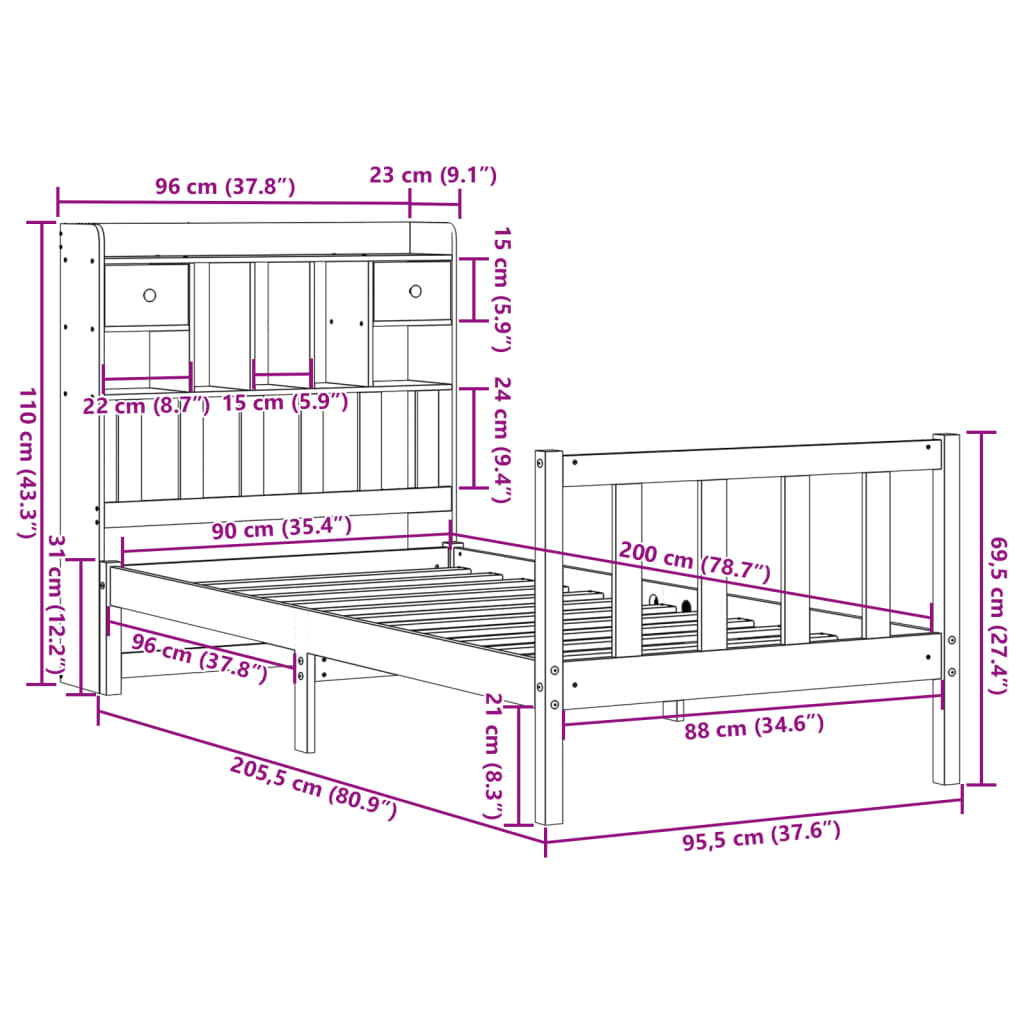 vidaXL Sofá con estantería sin colchón madera maciza marrón 90x200 cm