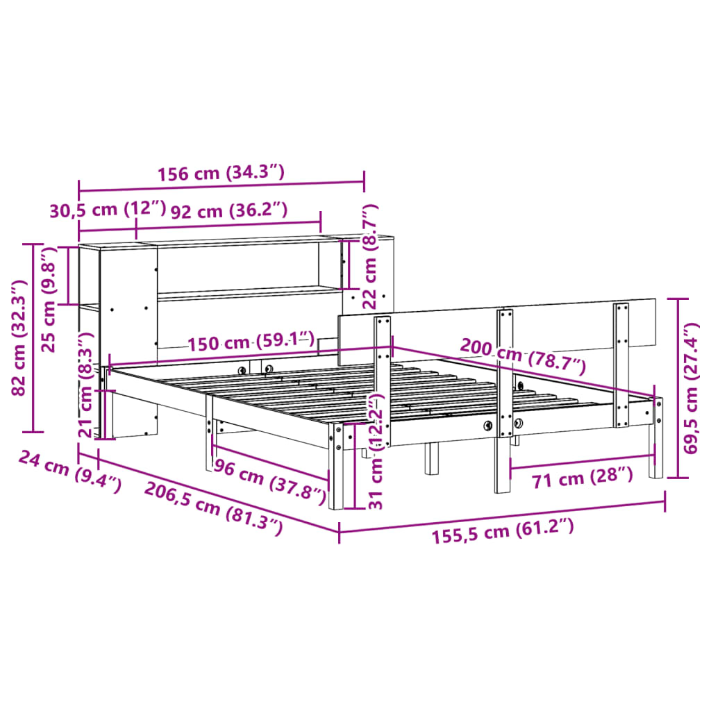 vidaXL Cama con estantería sin colchón madera maciza blanca 150x200 cm