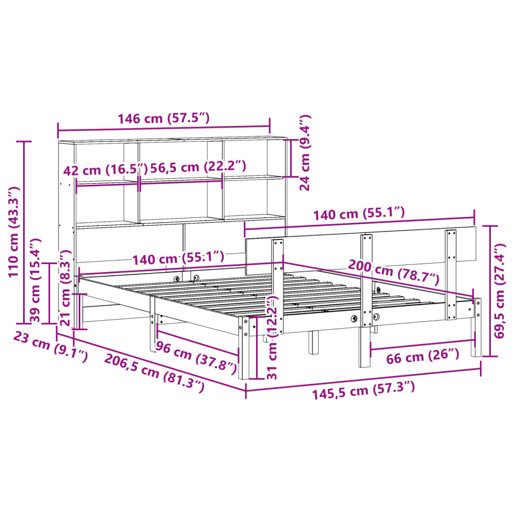 vidaXL Cama con estantería sin colchón madera maciza de pino 140x200cm