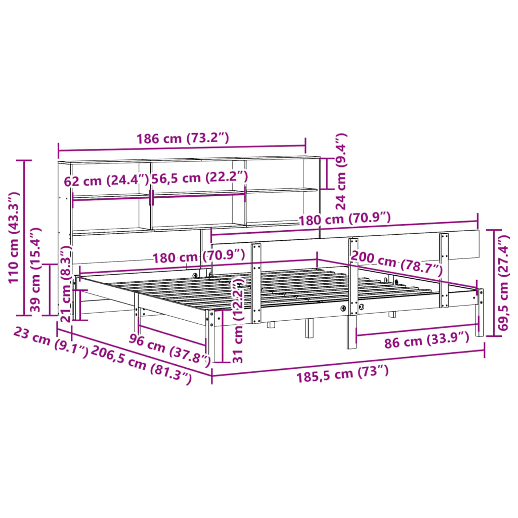 vidaXL Cama con estantería sin colchón madera maciza blanca 180x200 cm