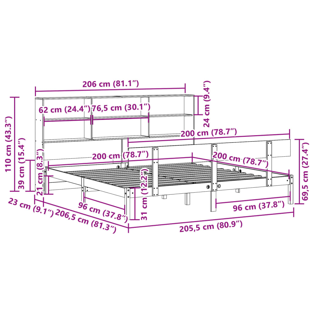 vidaXL Cama con estantería sin colchón madera maciza blanca 200x200 cm