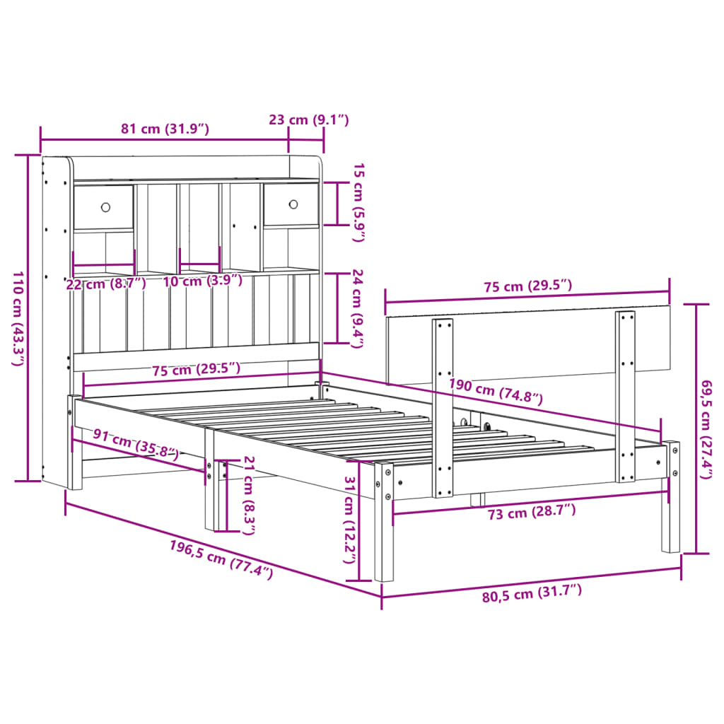 vidaXL Cama con estantería sin colchón madera maciza blanca 75x190 cm