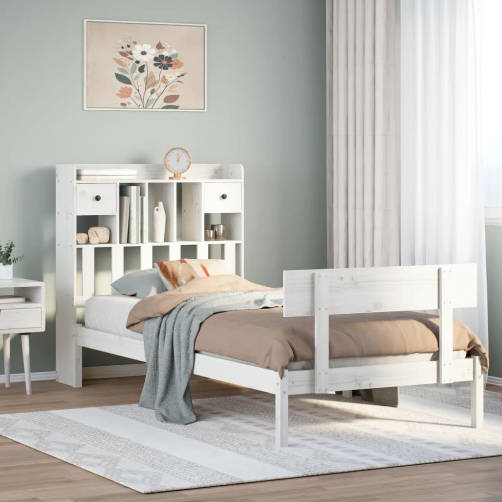 vidaXL Cama con estantería sin colchón madera maciza blanca 75x190 cm