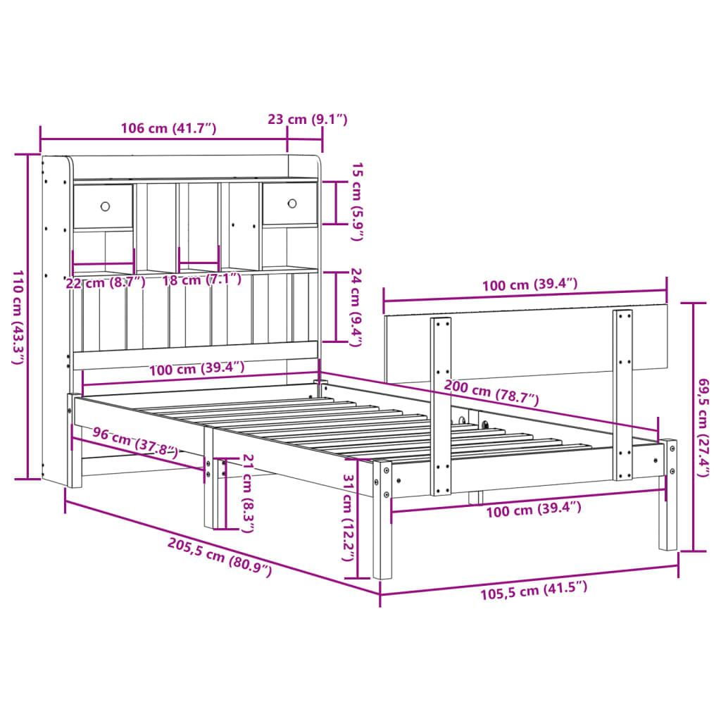 vidaXL Cama con estantería sin colchón madera maciza blanca 100x200 cm