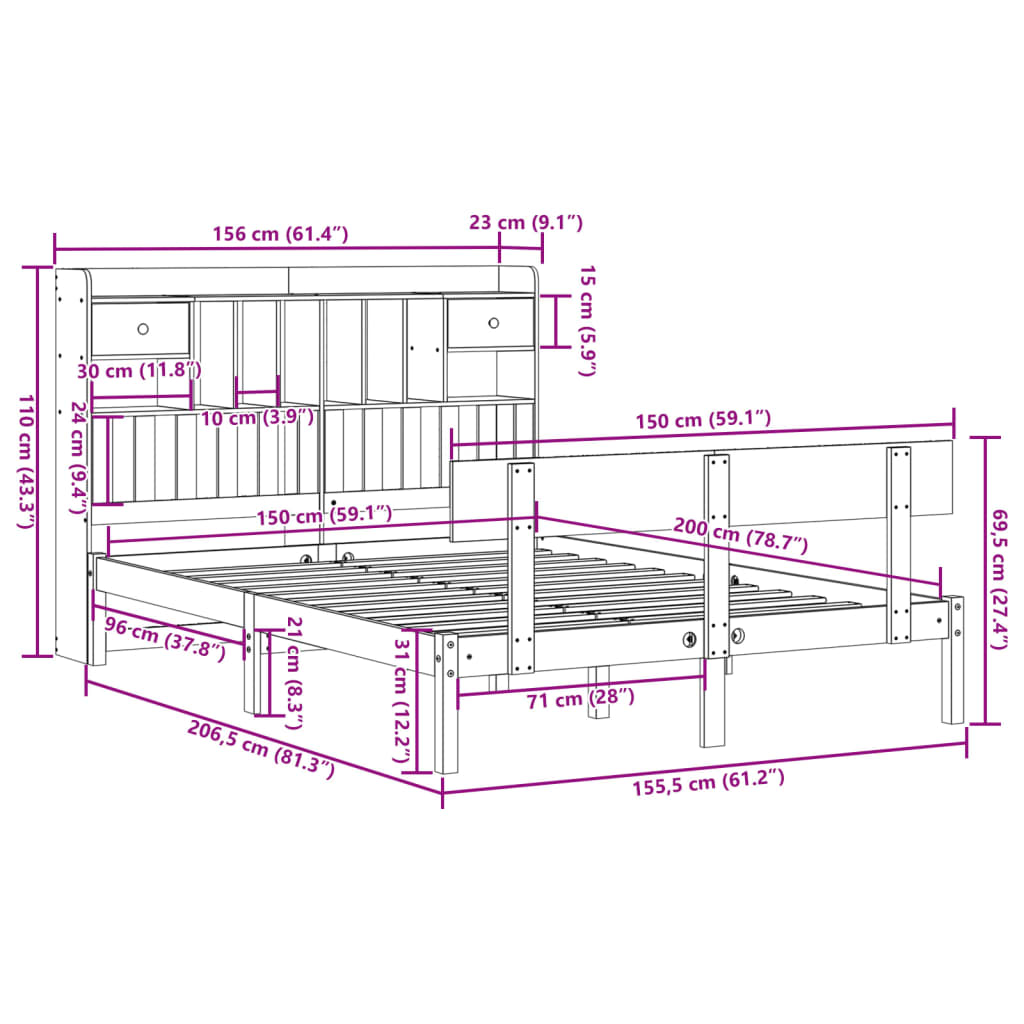 vidaXL Cama con estantería sin colchón madera maciza de pino 150x200cm