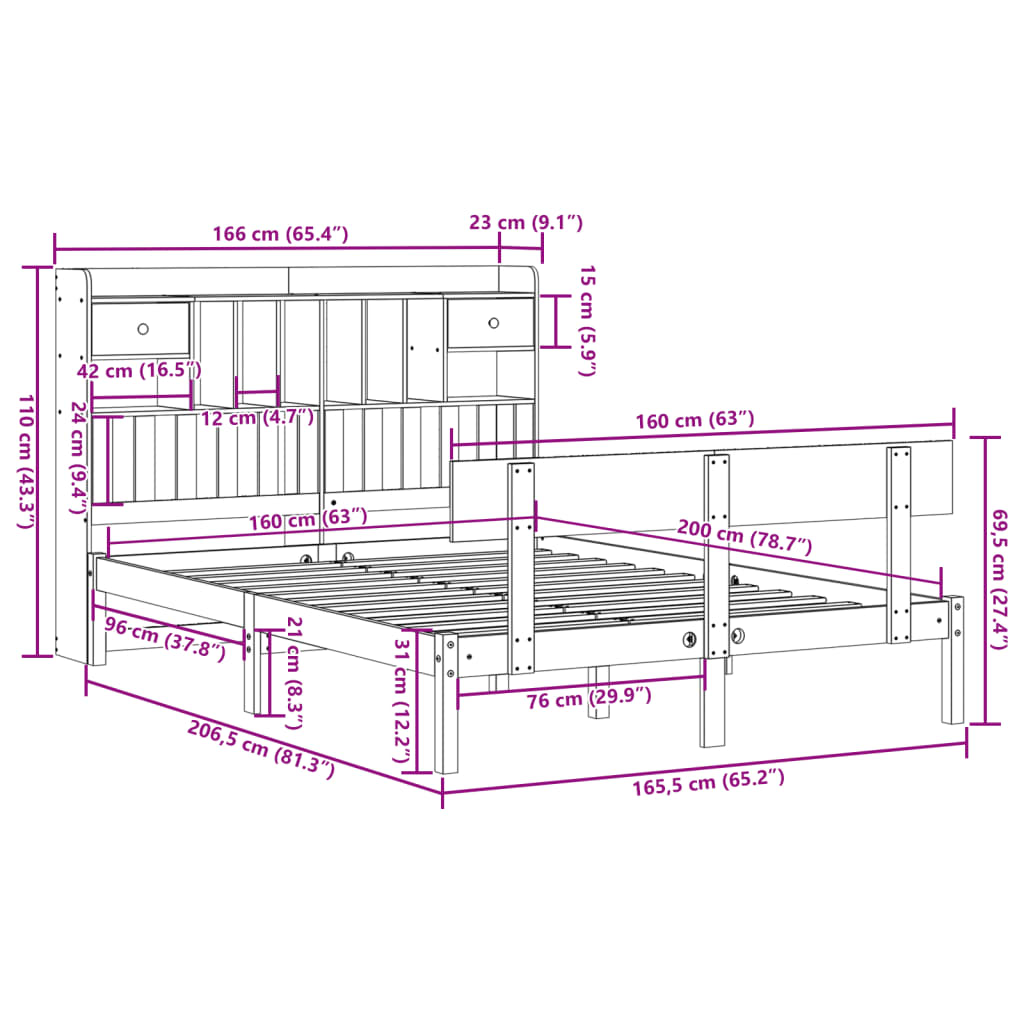 vidaXL Cama con estantería sin colchón madera maciza de pino 160x200cm