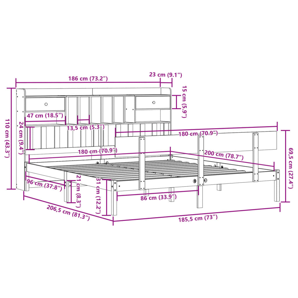 vidaXL Cama con estantería sin colchón madera maciza blanca 180x200 cm