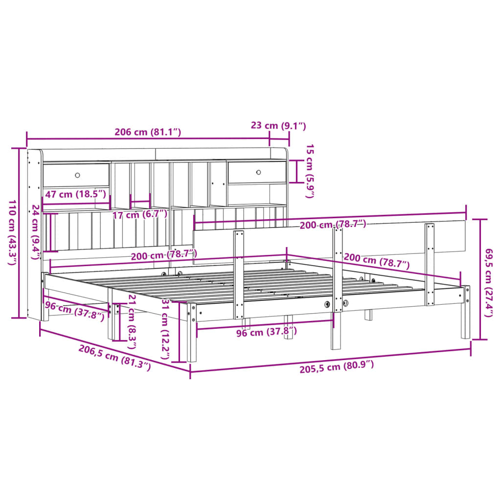 vidaXL Cama con estantería sin colchón madera maciza blanca 200x200 cm