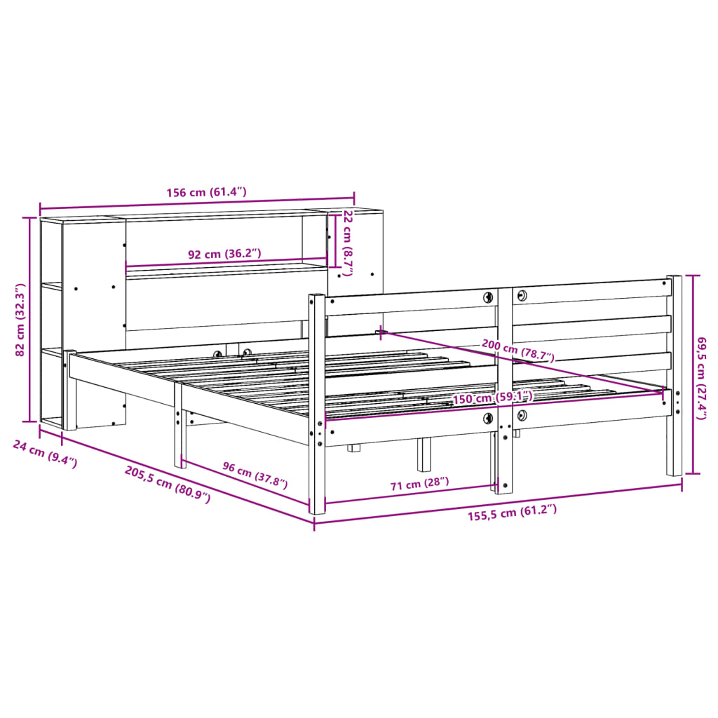 vidaXL Cama con estantería sin colchón madera maciza blanca 150x200 cm