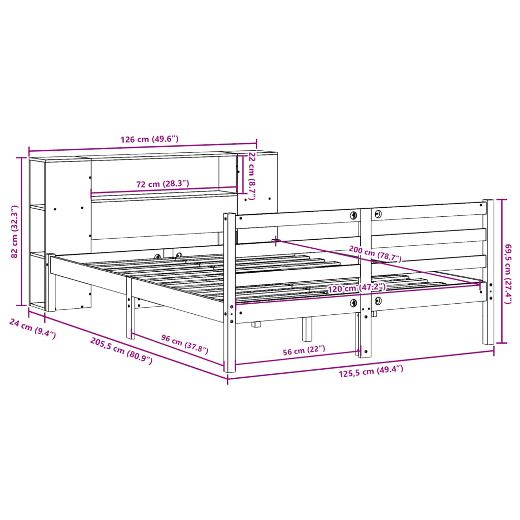 vidaXL Cama con estantería sin colchón madera maciza marrón 120x200cm