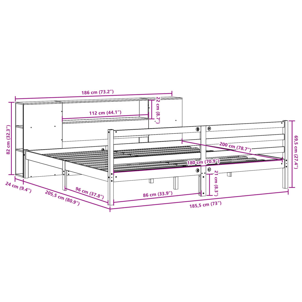 vidaXL Cama con estantería sin colchón madera maciza marrón 180x200cm