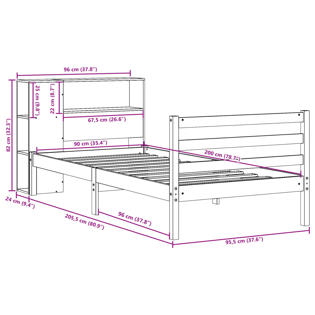 vidaXL Cama con estantería sin colchón madera maciza marrón 90x200 cm