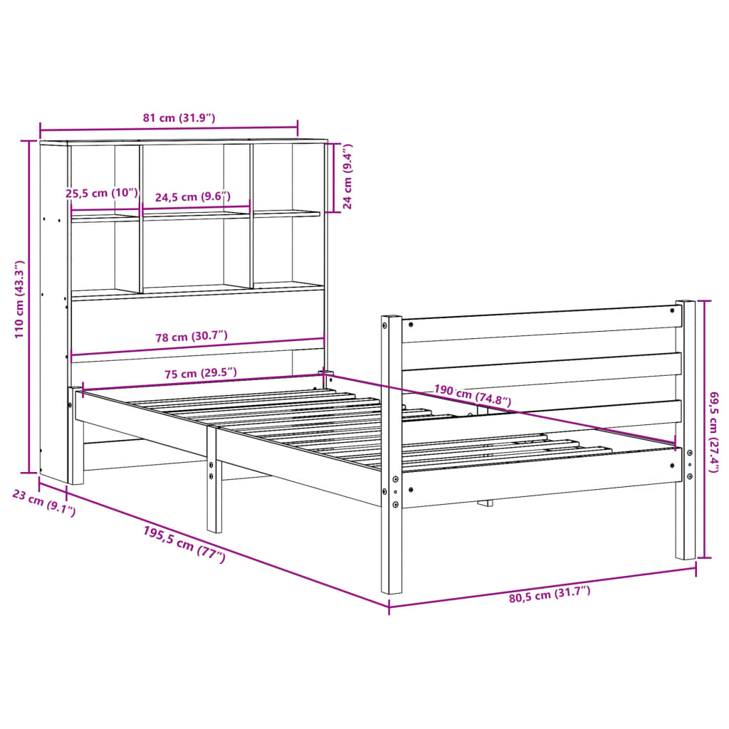 vidaXL Cama con estantería sin colchón madera maciza de pino 75x190 cm