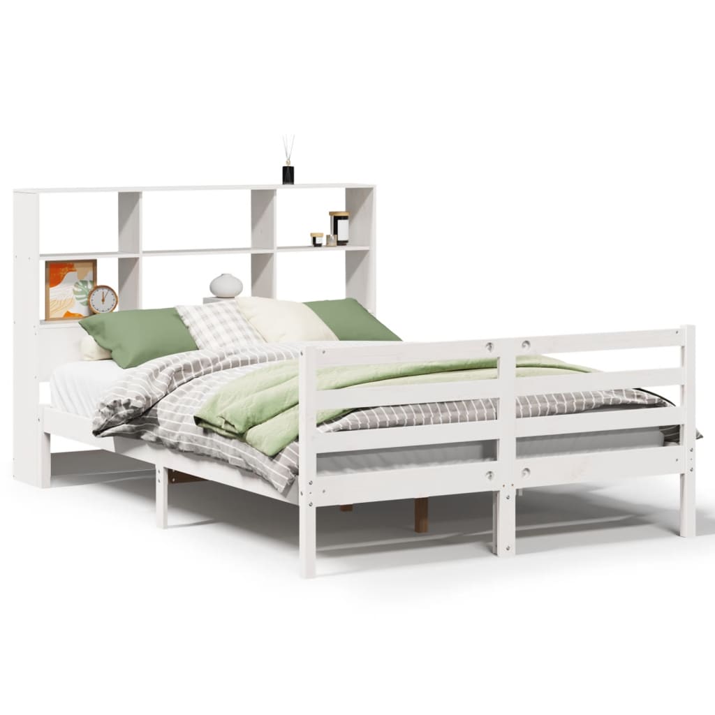 vidaXL Cama con estantería sin colchón madera maciza blanca 135x190 cm