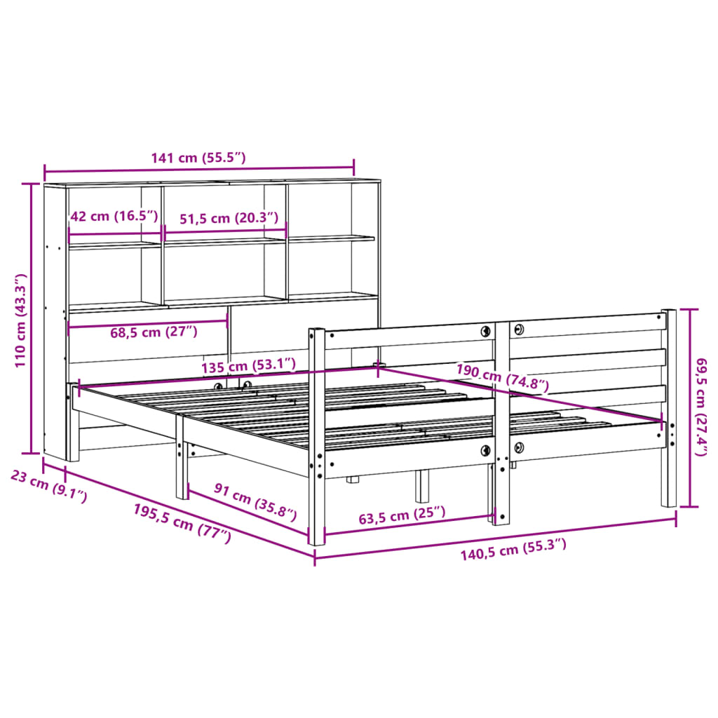 vidaXL Cama con estantería sin colchón madera maciza blanca 135x190 cm