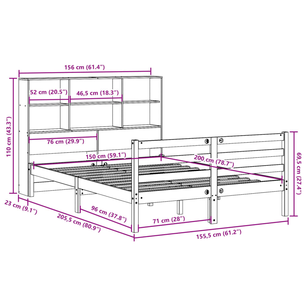 vidaXL Cama con estantería sin colchón madera maciza de pino 150x200cm