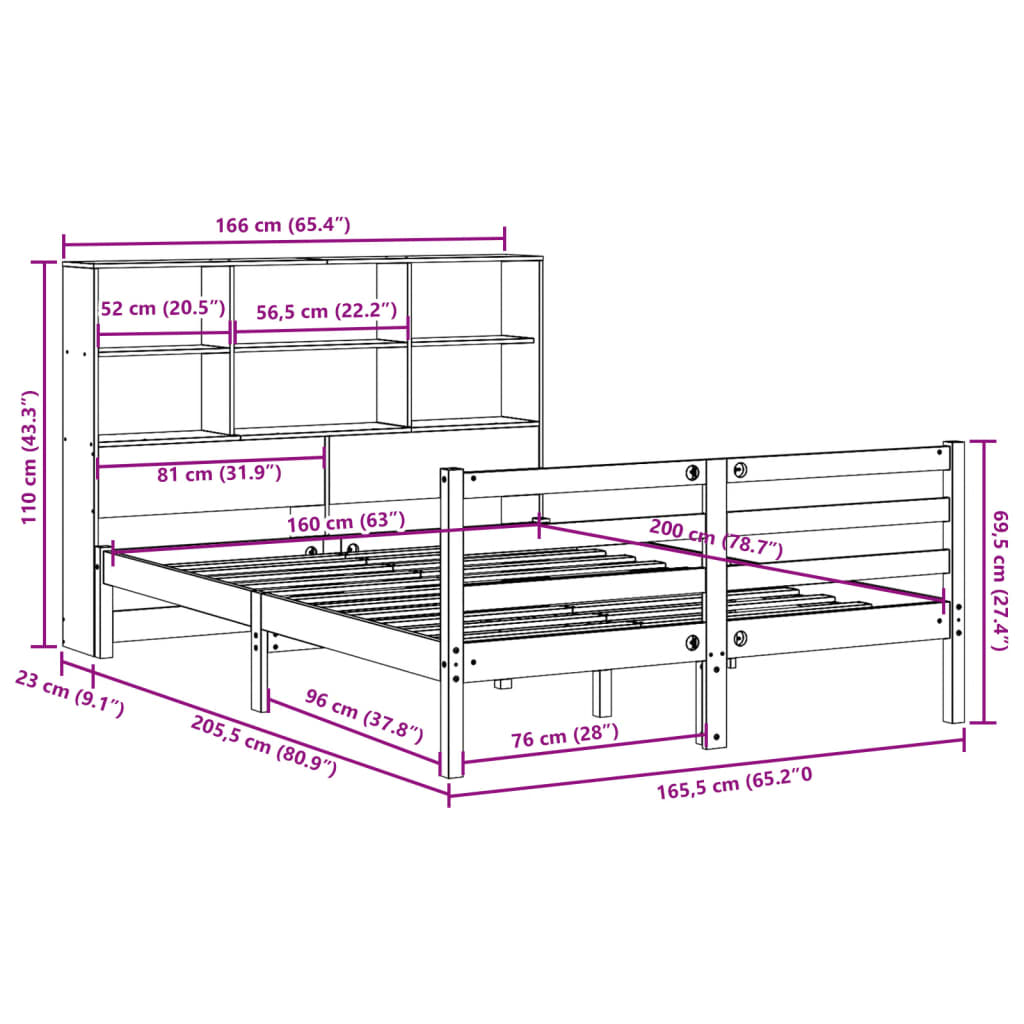 vidaXL Cama con estantería sin colchón madera maciza de pino 160x200cm