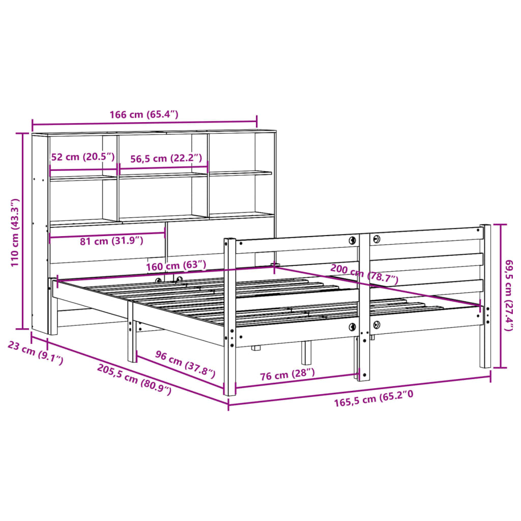 vidaXL Cama con estantería sin colchón madera maciza blanca 160x200 cm