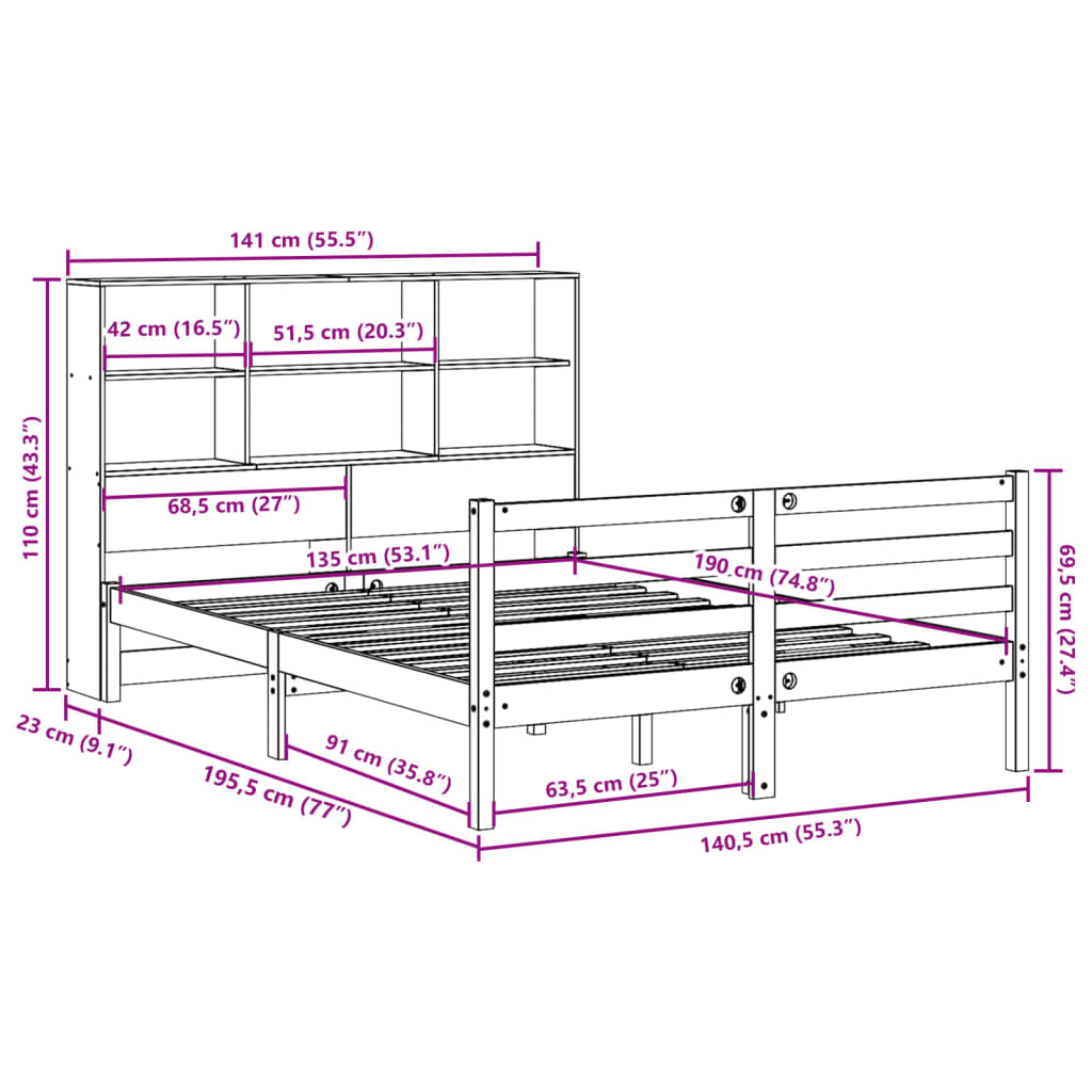 vidaXL Cama con estantería sin colchón madera maciza marrón 135x190 cm