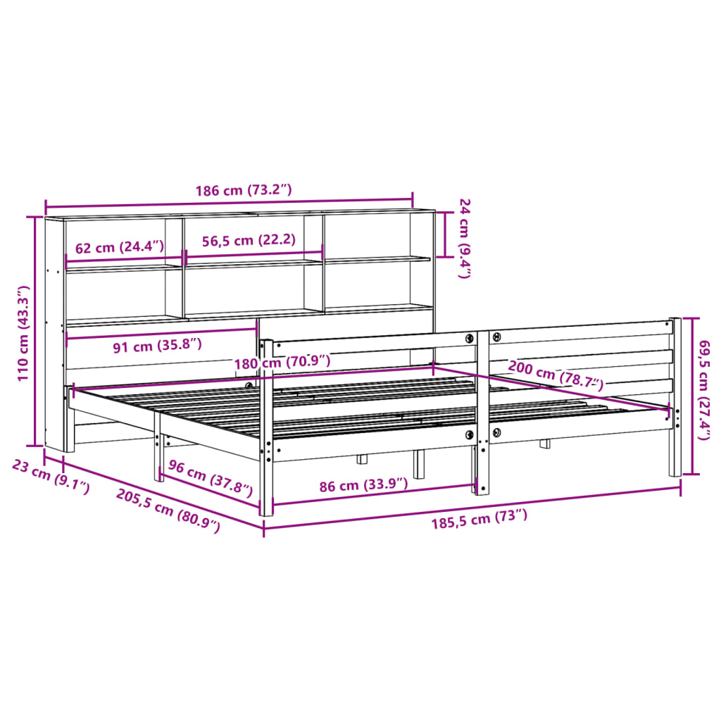 vidaXL Cama con estantería sin colchón madera maciza marrón 180x200 cm