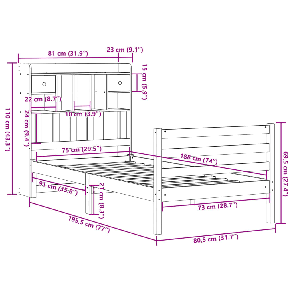 vidaXL Cama con estantería sin colchón madera maciza de pino 75x190 cm