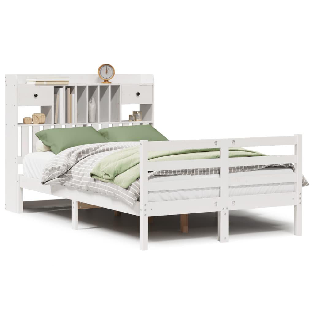 vidaXL Cama con estantería sin colchón madera maciza blanca 135x190 cm