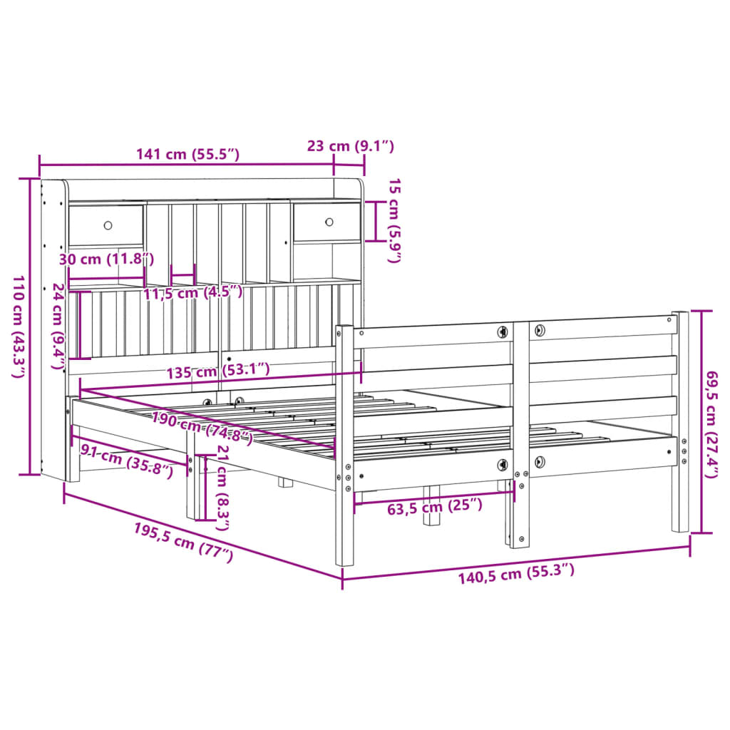 vidaXL Cama con estantería sin colchón madera maciza blanca 135x190 cm