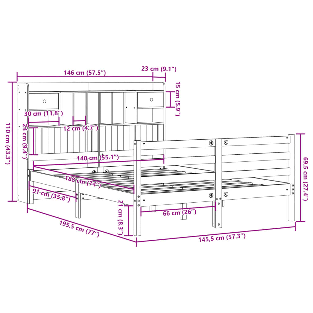 vidaXL Cama con estantería sin colchón madera maciza blanca 140x190 cm