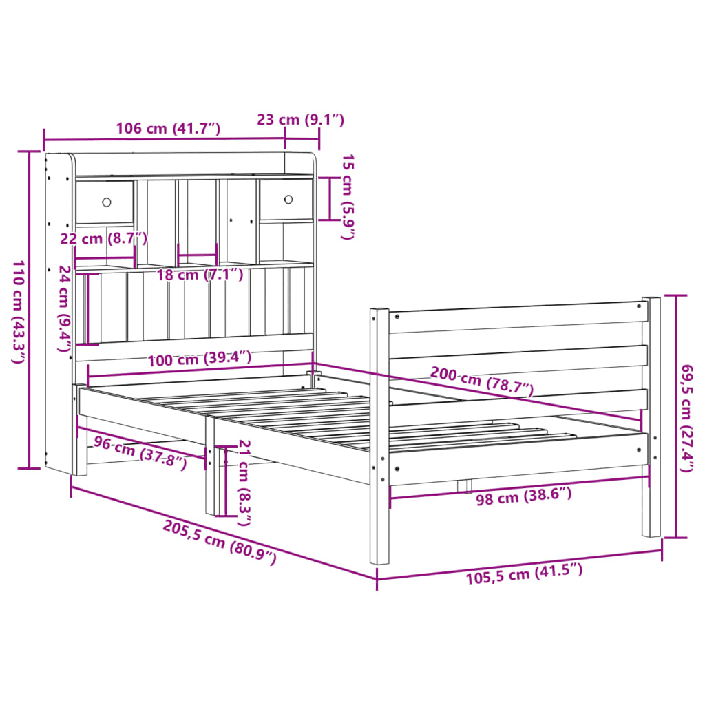 vidaXL Cama con estantería sin colchón madera maciza de pino 100x200cm