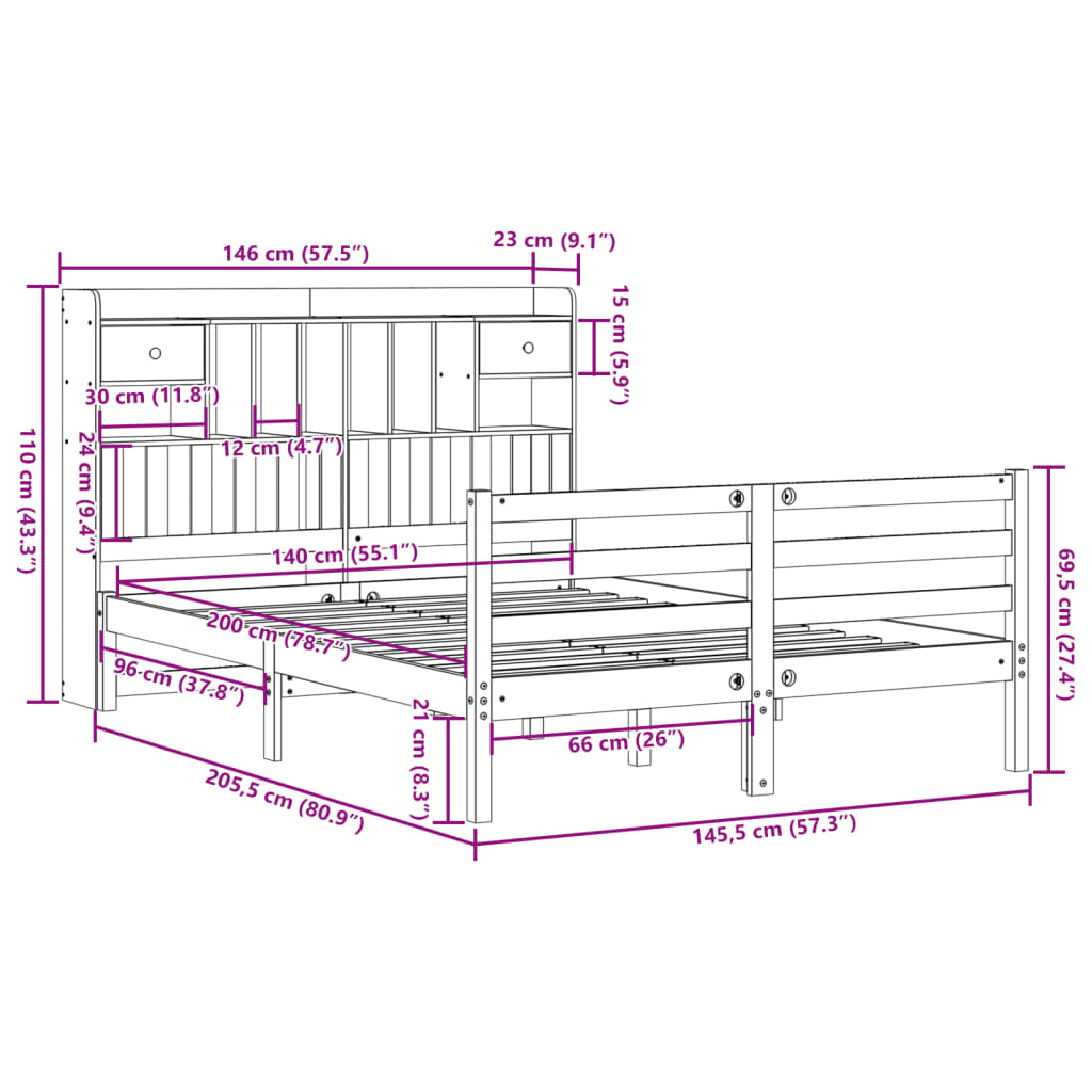 vidaXL Cama con estantería sin colchón madera maciza de pino 140x200cm