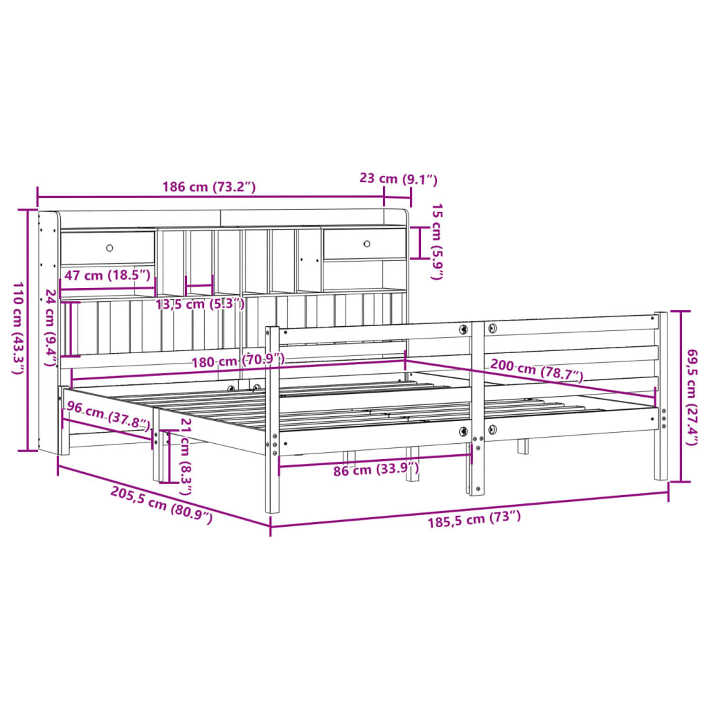 vidaXL Cama con estantería sin colchón madera maciza de pino 180x200cm