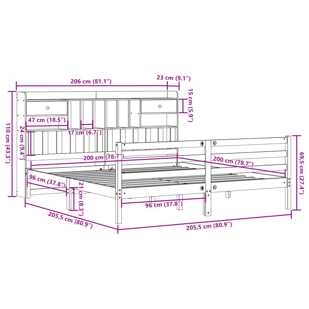 vidaXL Cama con estantería sin colchón madera maciza de pino 200x200cm