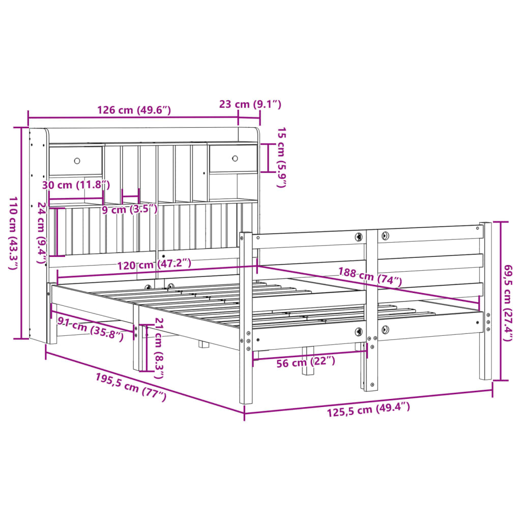 vidaXL Cama con estantería sin colchón madera maciza marrón 120x190 cm