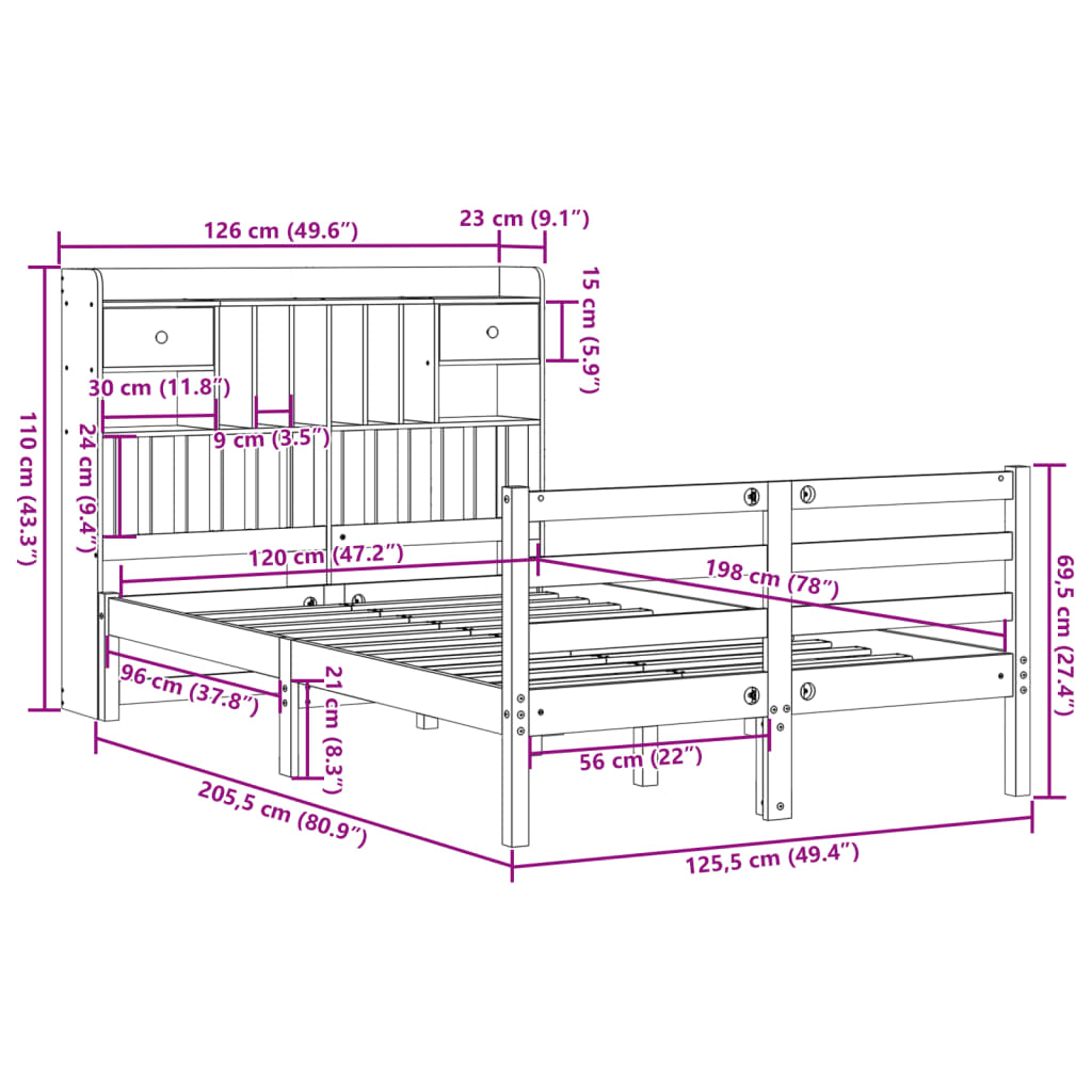 vidaXL Cama con estantería sin colchón madera maciza marrón 120x200cm