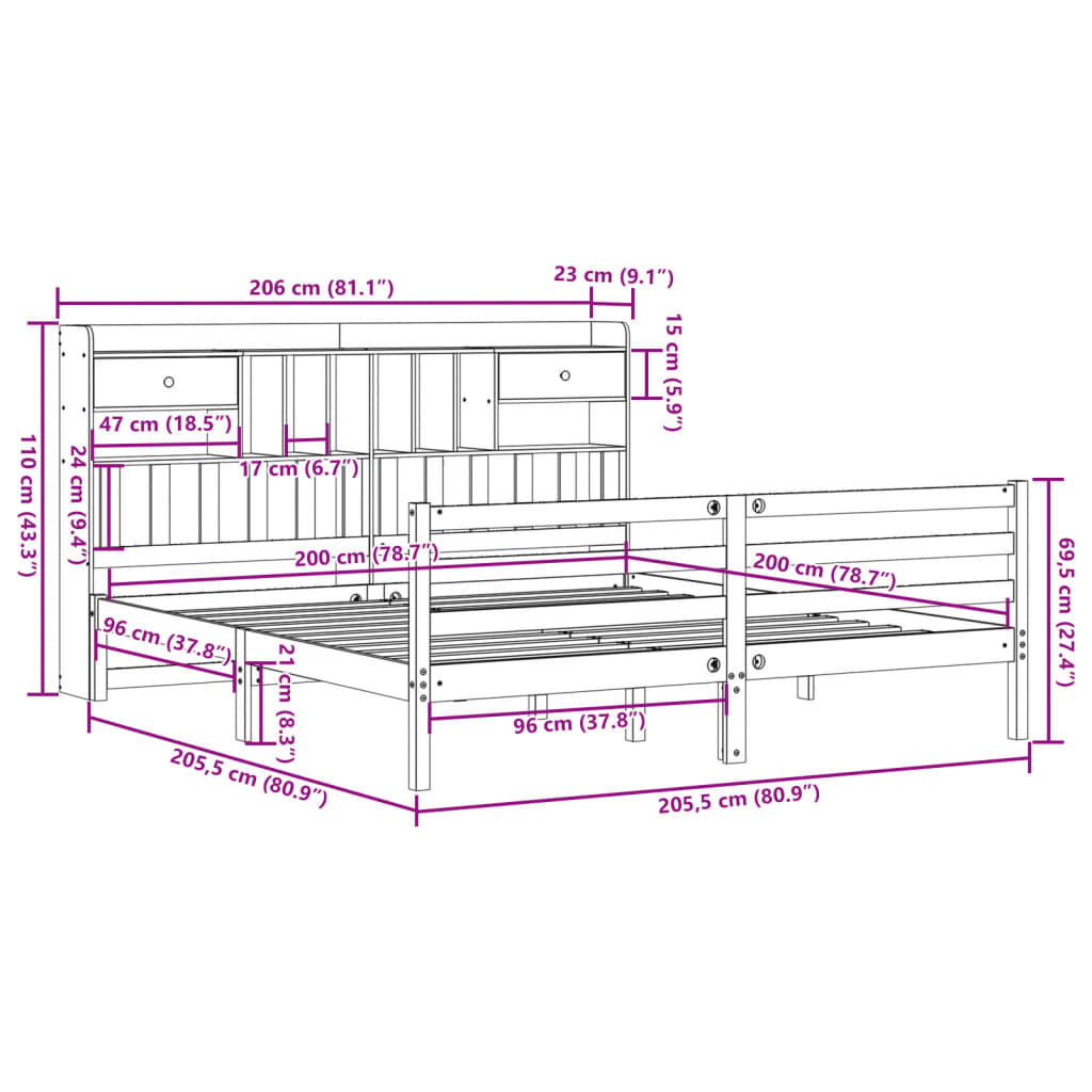 vidaXL Cama con estantería sin colchón madera maciza marrón 200x200 cm