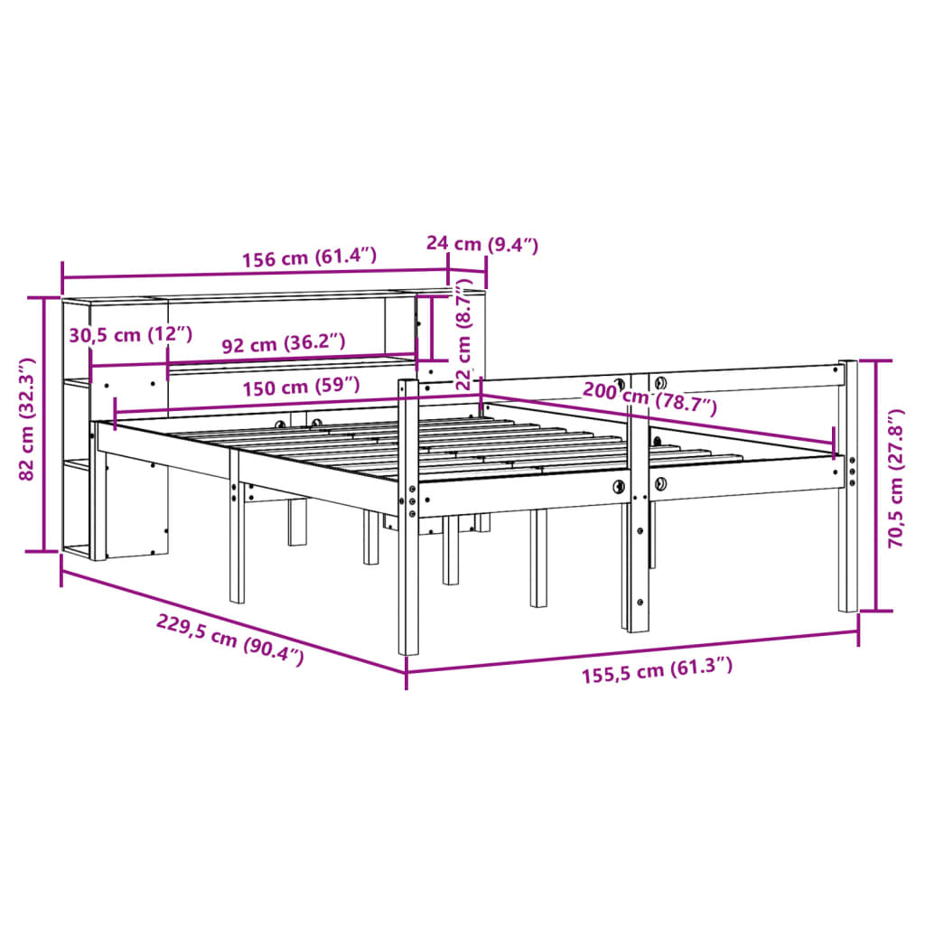 vidaXL Cama con estantería sin colchón madera maciza marrón 150x200 cm