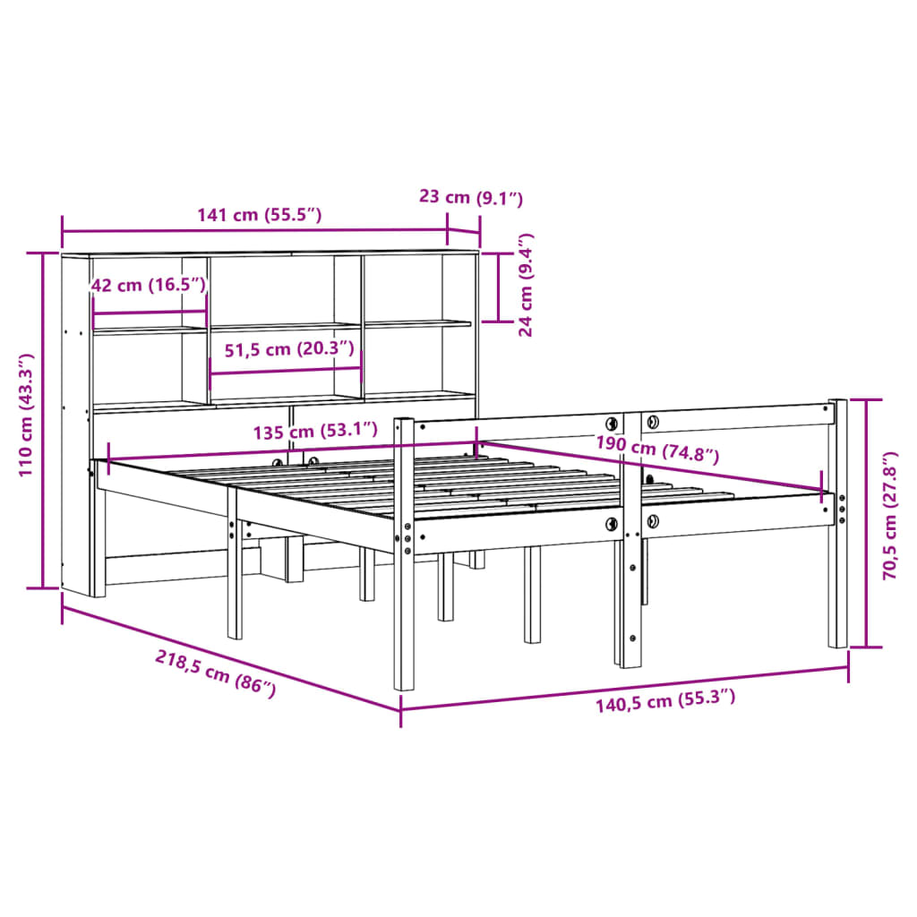 vidaXL Cama con estantería sin colchón madera maciza blanca 135x190 cm