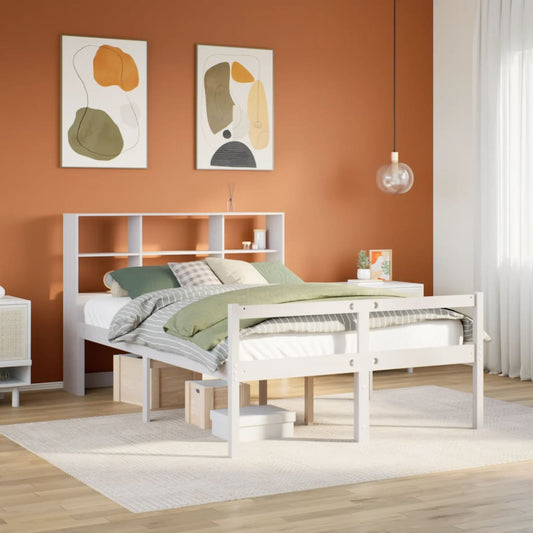 vidaXL Cama con estantería sin colchón madera maciza blanca 135x190 cm