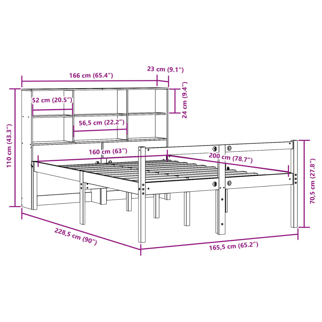 vidaXL Cama con estantería sin colchón madera maciza blanca 160x200 cm