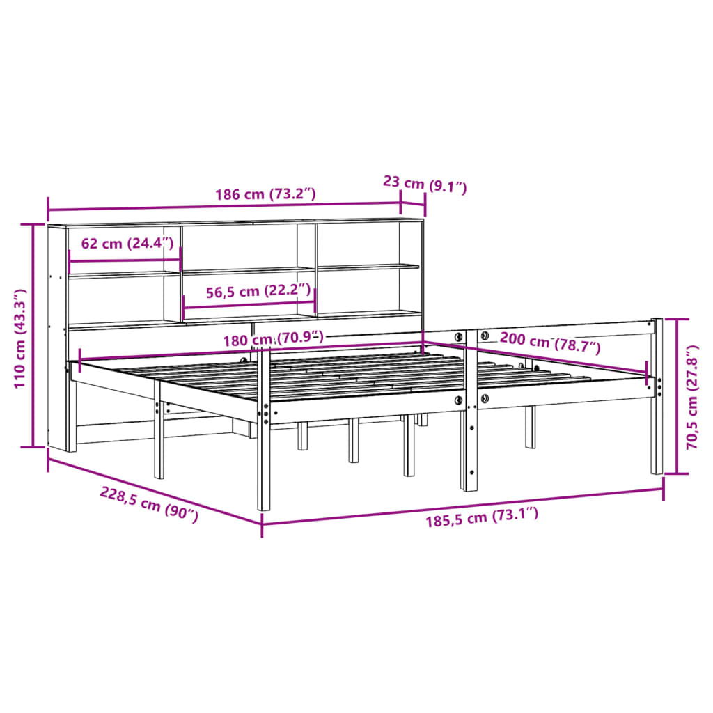 vidaXL Cama con estantería sin colchón madera maciza blanca 180x200 cm