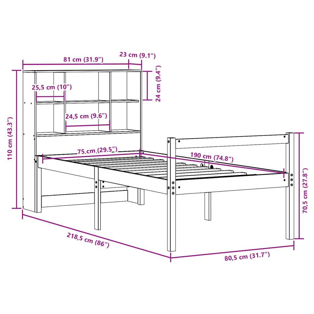 vidaXL Cama con estantería sin colchón madera maciza marrón 75x190 cm