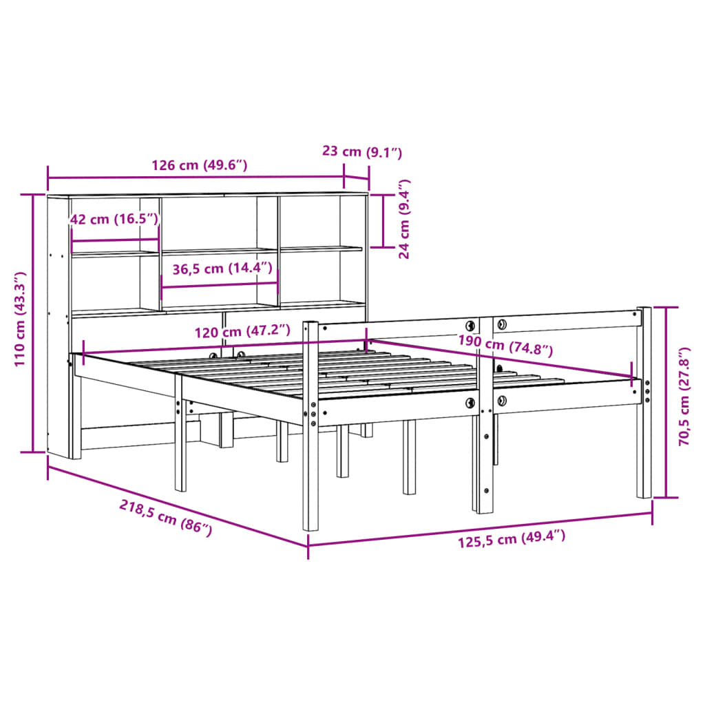 vidaXL Cama con estantería sin colchón madera maciza marrón 120x190 cm