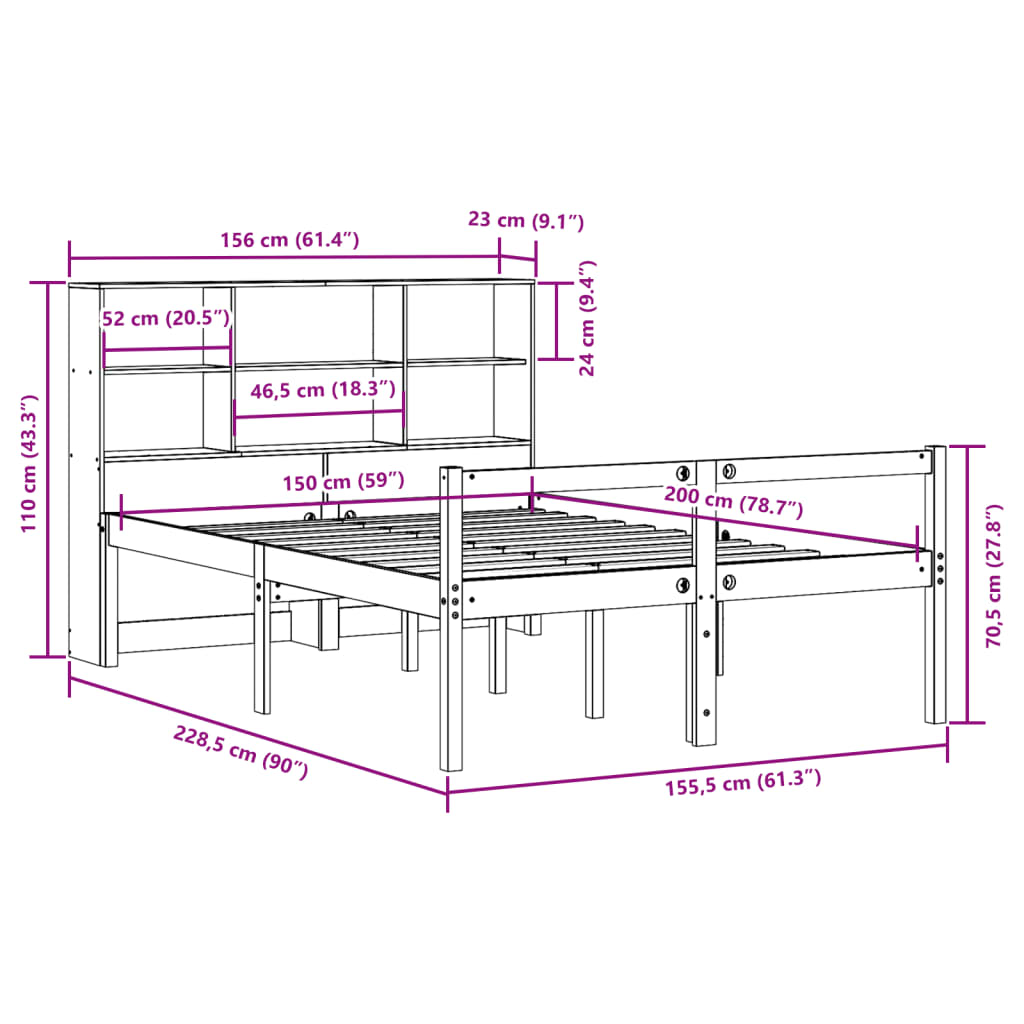 vidaXL Cama con estantería sin colchón madera maciza marrón 150x200 cm