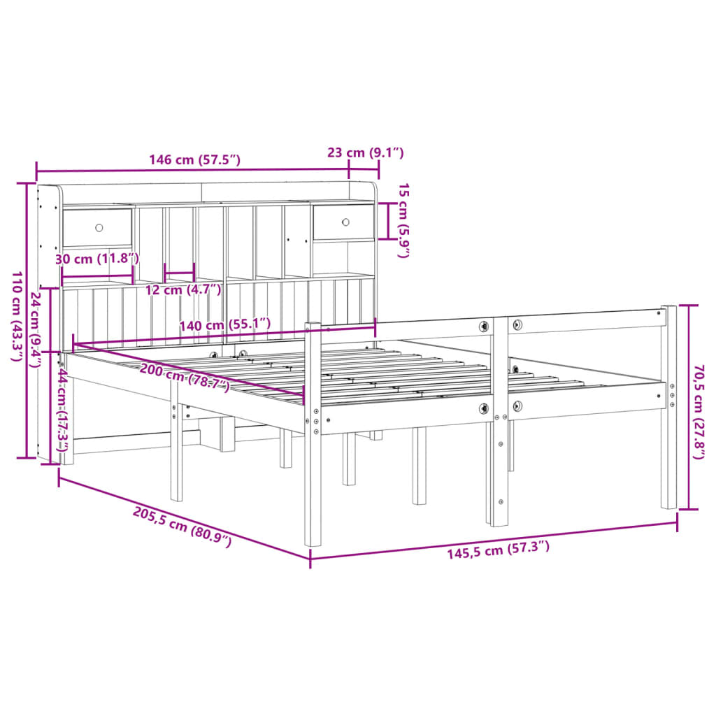 vidaXL Cama con estantería sin colchón madera maciza blanca 140x200 cm