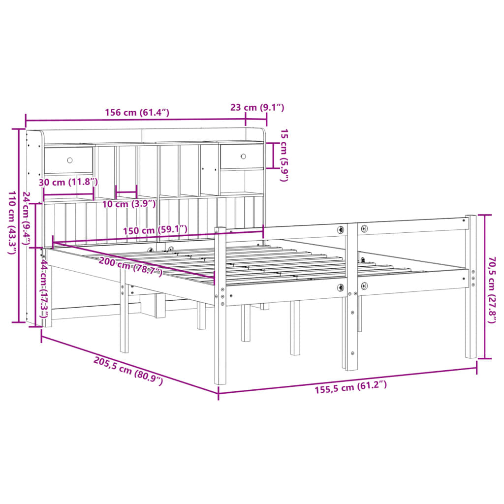 vidaXL Cama con estantería sin colchón madera maciza blanca 150x200 cm