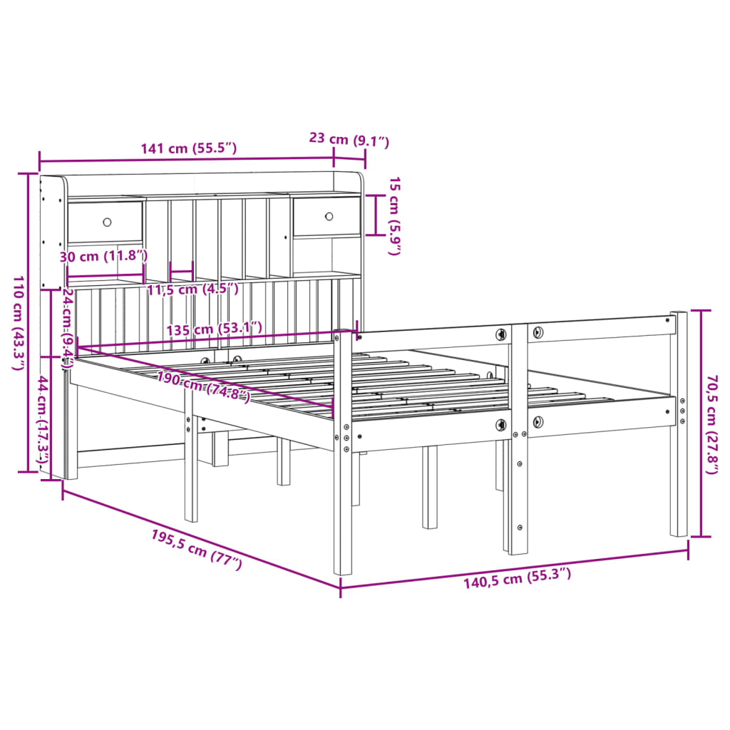 vidaXL Cama con estantería sin colchón madera maciza marrón 135x190cm